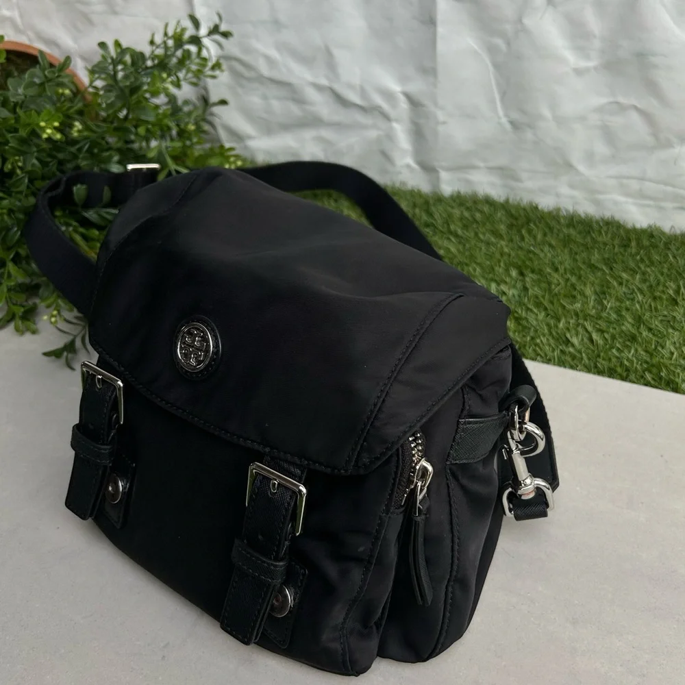 Tory Burch Black Nylon Crossbody Bag with Silver Hardware